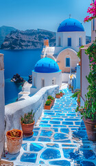 Wall Mural - A blue and white building with a blue dome sits on a stone walkway. The walkway is lined with potted plants and has a blue tile floor.