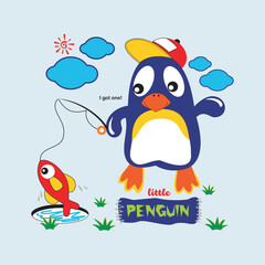 cute penguin is fishing outdoors design cartoon vector illustration