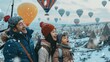 © Naknakhone - happy family looking at hot air balloon flying around them when visiting Cappadocia turkey in winter. copy space for text.