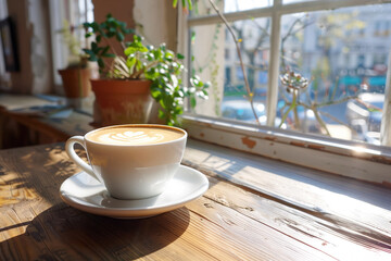 Cup of fresh hot flat white coffee near the window in cafe or at home.