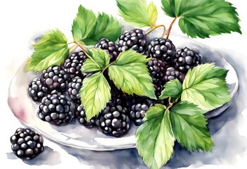 Wall Mural - illustration fruit brunch leaves blackberries ripe blackberry food white watercolor background hand black berry fresh olated drawn