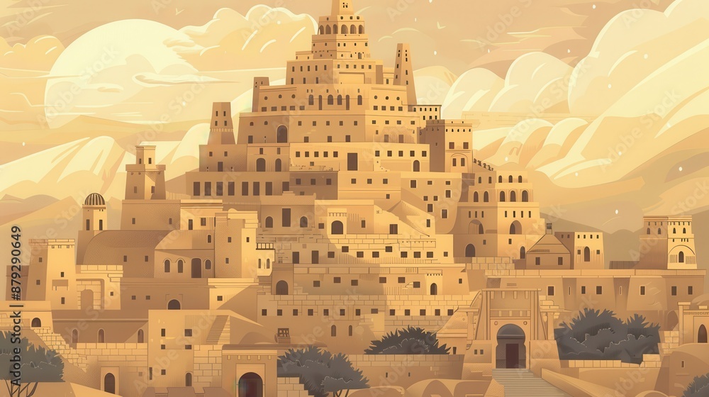 Genesis : The Tower of Babel , Biblical Illustration of the Tower of Babel in Ancient City Setting, Genesis, Beige Background, Copyspace