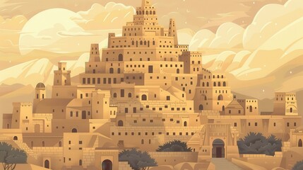 Genesis : The Tower of Babel , Biblical Illustration of the Tower of Babel in Ancient City Setting, Genesis, Beige Background, Copyspace