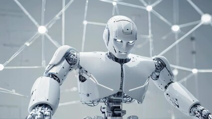 White male android Robot on digital network background with data lines and nodes. Concept of human-robot interaction, future technologies. AI generated