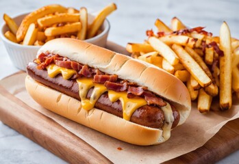 Food photography of delicious hotdog topped with melted cheese, big sausage, onions, well grilled bacon, mustard, dripping red chili relish, toasted buns, large fried French fries on background