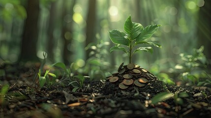 Wall Mural - Plant Growing on Coins Symbolizing Financial Growth and Investment