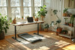 © Alexandra - Bright home office with a standing desk and a walking pad treadmill, promoting a healthy work-life balance