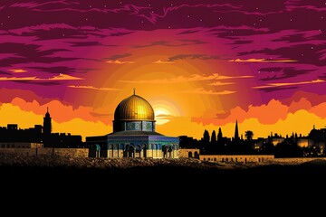 Dramatic sunrise above golden dome of Rock Mosque on Temple Mount in old city of Jerusalem, the image may be used for major Islamic holiday o