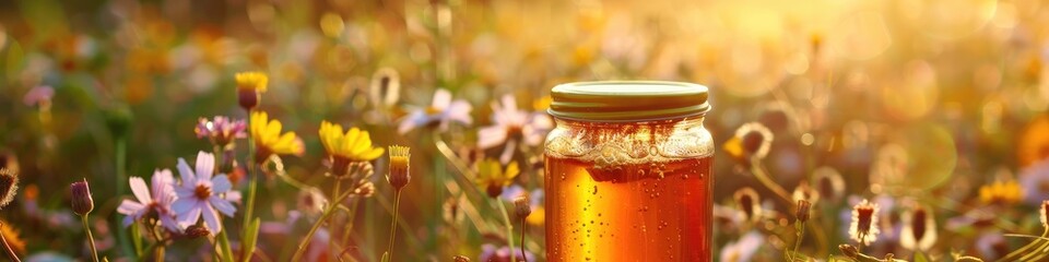 Wall Mural - jar with honey on the background of a field of flowers. Selective focus