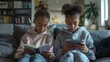 © Iuliia Metkalova - Young African American Multiracial Teenage Girl Reading Book in Living Room While Another Girl Uses Smartphone. Generative ai