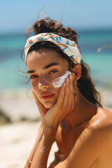 Wall Mural - Beautiful young woman with freckles is applying sunscreen on her face, taking care of her skin during summer vacation