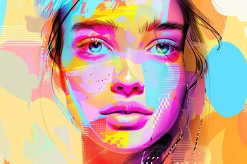 Wall Mural - pop collage illustration of a bright light portrait girl with colorful face and background, texture pattern