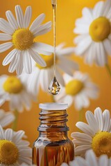 Wall Mural - Chamomile essential oil drips into the bottle. Selective focus