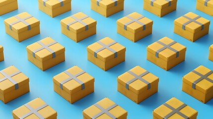 Wall Mural - A pattern of multiple neatly arranged yellow cardboard boxes with silver tape on a blue background, representing shipping and delivery services.