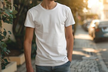 White t-shirt mockup. Blank template male white t shirt. Clothing shop market background. Man summer short