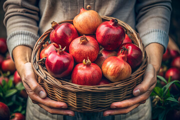 Male hands holding a basket with ripe pomegranate, selective focus.