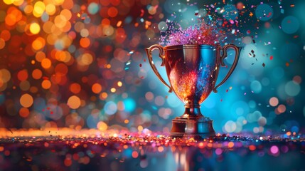 A futuristic 3D illustration of a holographic trophy, floating in the air and changing colors, representing the integration of technology and celebration.