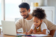 © Alex Shared/peopleimages.com - Father, child and laptop with homework in home for learning, education or homeschool lesson with remote work. People, dad or daughter with support for study activity, writing or sketch in dining room