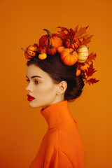 Wall Mural - Young woman with pumpkins and autumn leaves on her head is posing in profile on an orange background