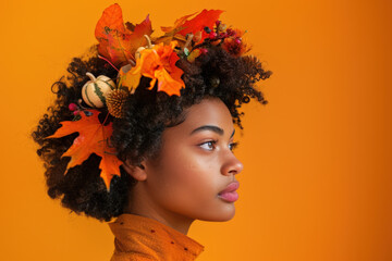 Profile of a young woman wearing colorful autumn leaves and pumpkins on her afro hair, posing on an orange background