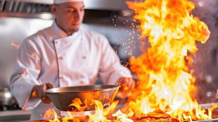 A chef is cooking food in a pan with a lot of fire. The fire is so hot that it is almost glowing. The chef is wearing a white coat and a white hat