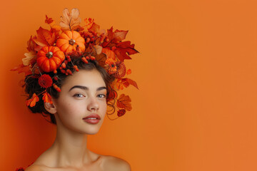 Wall Mural - Beautiful young woman is posing with a crown of autumn leaves and pumpkins on an orange background