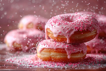 Wall Mural - Pink frosted donuts with sugar sprinkles vibrant dessert food concept