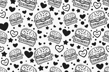 Leinwandbilder - Hamburgers and background of hearts with stars. Drawn repeating hamburgers.