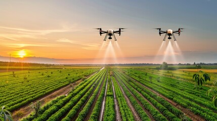 Two drones spray a large field of crops at sunset