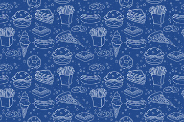 Aufkleber - Blue fast food background. Vector black and white background with french fries, pizza, hot dogs, hamburgers, ice cream, donuts.