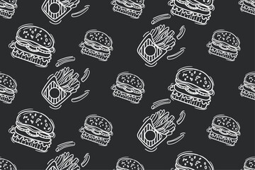 Fototapete - Black background and hamburgers alternating with fries. Monochrome background on the theme of fast food.