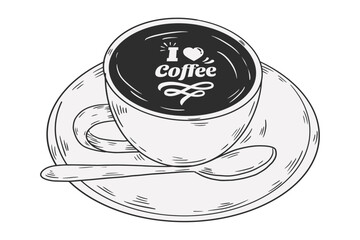 Fototapete - A hand-drawn cup of coffee and the inscription 