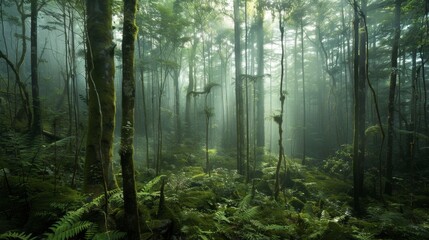 Canvas Print - Sunbeams in a Misty Forest.