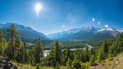 Wall Mural - Majestic Mountain Landscape with Snow-Capped Peaks and Lush Forest.