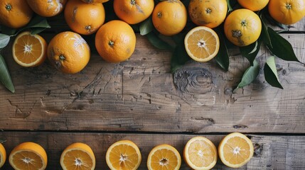 Oranges arranged on a wooden surface