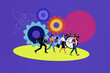 © deagreez - Trend artwork collage of purple vibrant color workspace business cogwheel gear team young lady man work laptop phone remote coworking