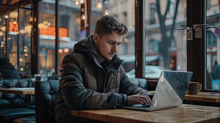 a male programmer works at a laptop in a cafe. Selective focus