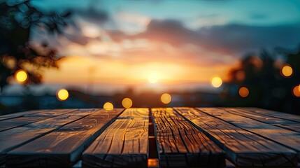 Sticker - Empty wooden table top in front Beautiful blurred sunset background in the evening