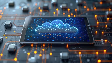 Wall Mural - A futuristic image of a tablet displaying a cloud computing interface, surrounded by a circuit board with glowing connections, symbolizing advanced technology