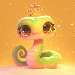 Wall Mural - A cartoon snake with a snowflake on its head. The image has a whimsical and playful mood, with the snake looking cute and adorable