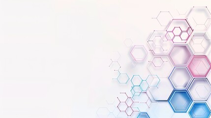 Wall Mural - A white background with a scattering of overlapping pastel pink and blue hexagons on the right side of the frame