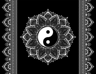 Wall Mural - Set of mandala pattern and seamless border for Henna drawing, tattoo. Decoration in ethnic oriental mehndi, Indian style. Doodle ornament in black and white with yin-yang symbol. Vector illustration.