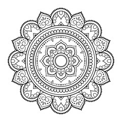 Wall Mural - Circular pattern in form of mandala with flower for Henna, Mehndi, tattoo, decoration. Decorative ornament in ethnic oriental style. Outline doodle hand draw vector illustration.