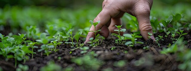 Wall Mural - close-up of a hand pulling out weeds in a plot. Selective focus