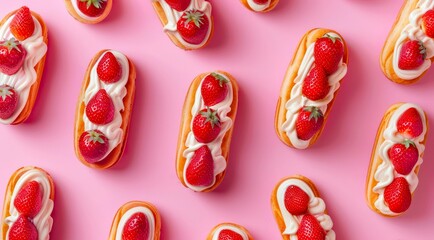 Canvas Print - Eclairs with whipped cream and fresh strawberries on light pink background, top view, minimal flat lay style.