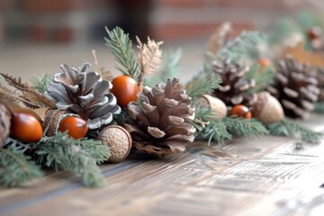 Wall Mural - A wreath of pine cones and walnuts sits on a wooden table for Thanksgiving decoration.