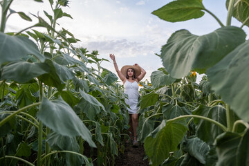 Wall Mural - Cheerful woman amidst sunflowers in field at sunset