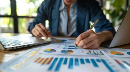 Aufkleber - Stock market investor reviewing performance graphs and trend analysis reports.