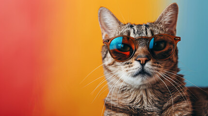 funny cat posing in sunglasses on studio bright background 