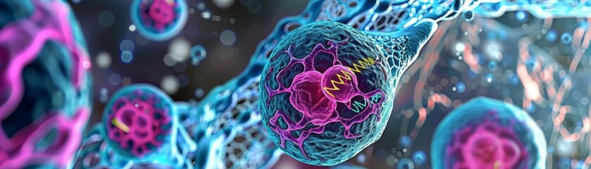 Microscopic view of cell membrane with highlighted genetic sequences, Cell Membrane and Genetics, Science Education